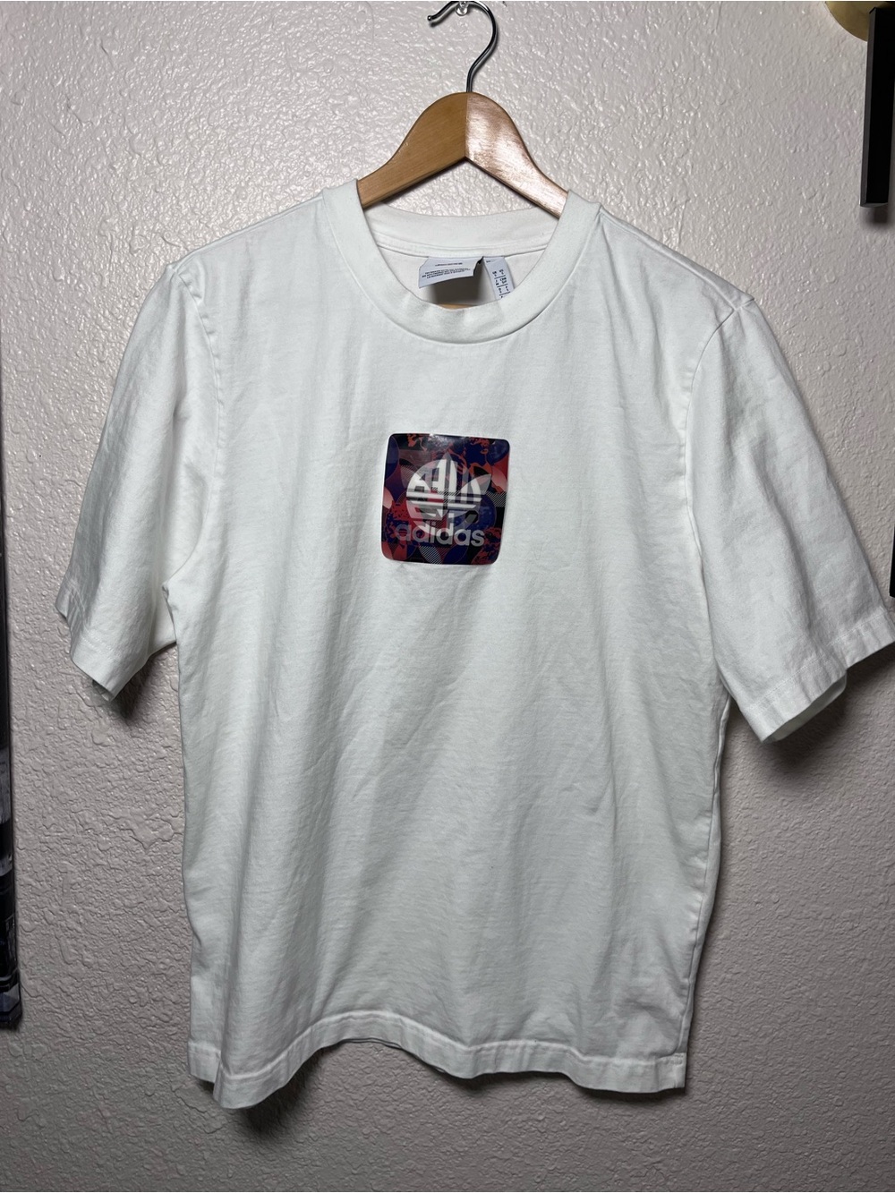 Adidas White Short Sleeve Tee with Multicolor Square Holographic Logo